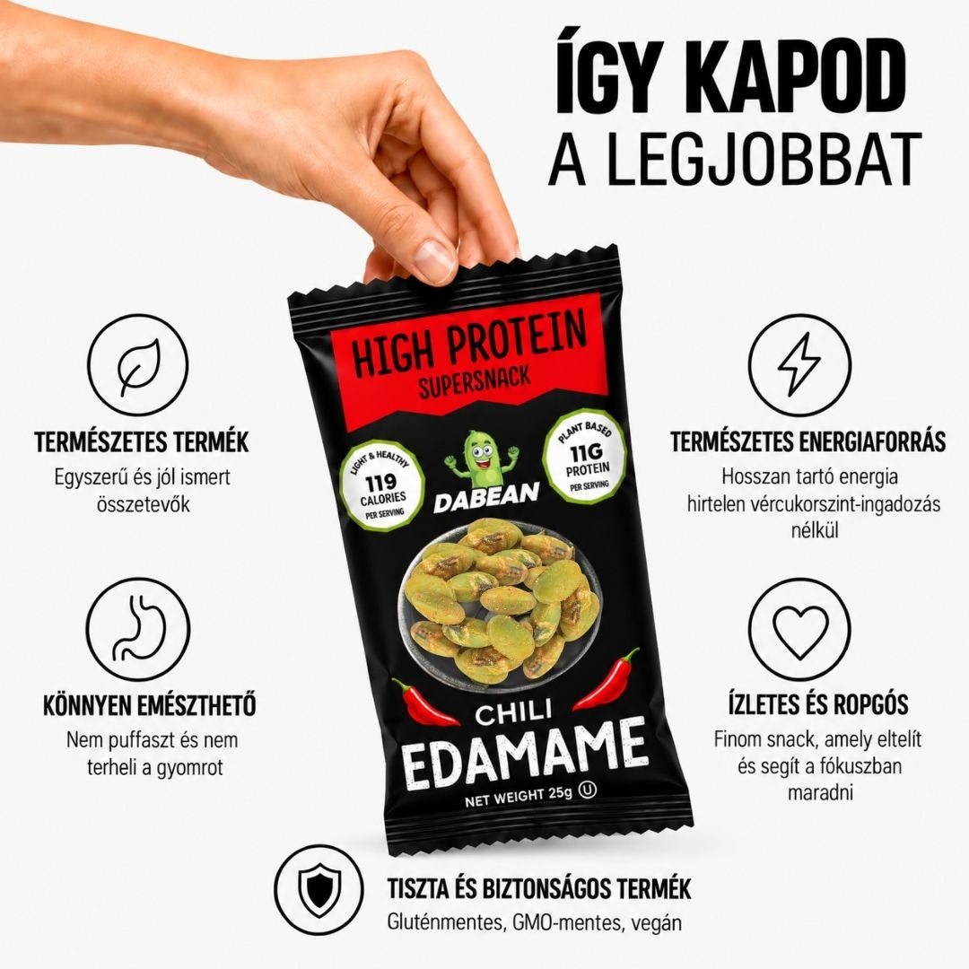 DABEAN chilis edamame csomag és előnyei: természetes, könnyen emészthető, ropogós