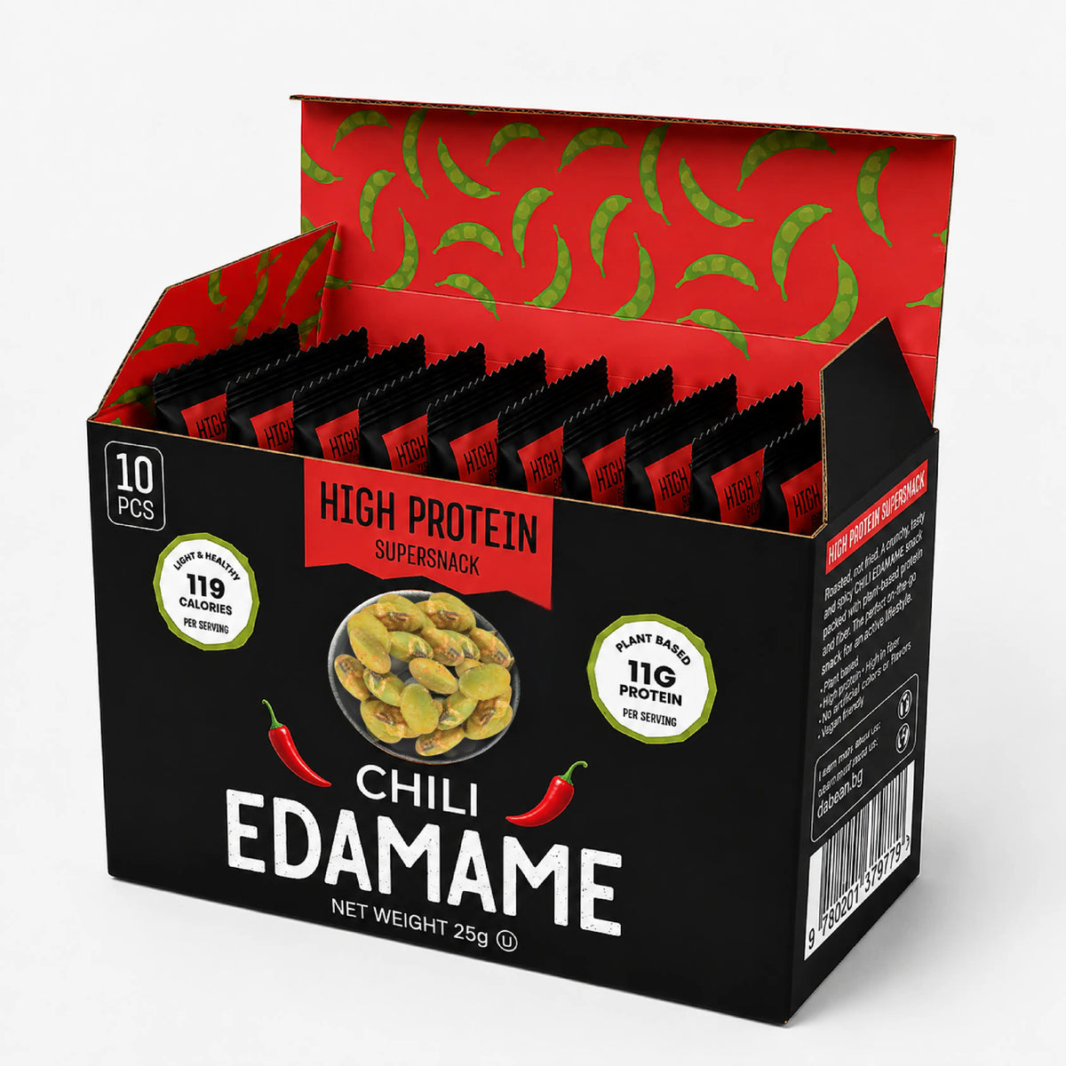 DABEAN pirított edamame chilivel – 10 csomagos doboz, magas fehérjetartalmú snack