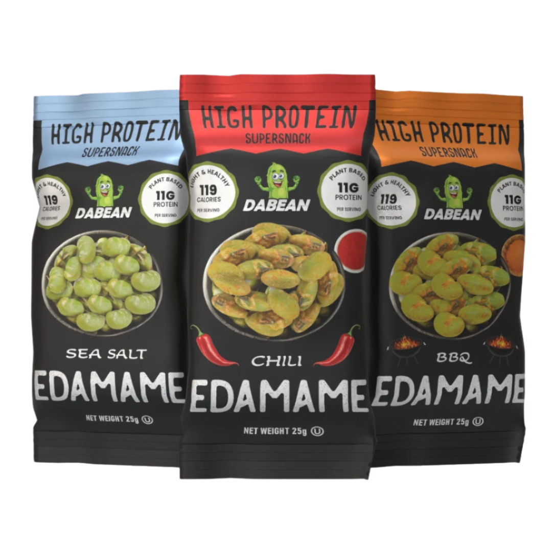 DABEAN pirított edamame csomagok tengeri sós, chilis és BBQ ízben
