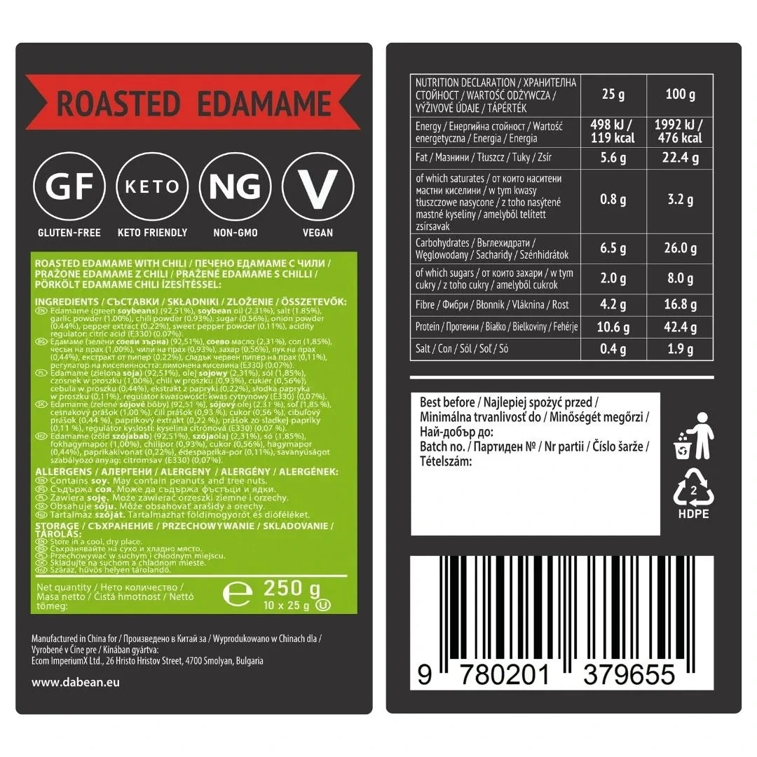 DABEAN pirított edamame chilivel – tápérték és összetevők a csomagoláson