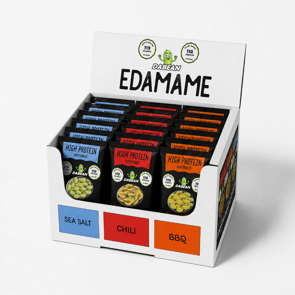 DABEAN MIX doboz – 18 csomag pirított edamame tengeri sós, BBQ és chilis ízben